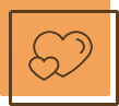 Two overlapping hearts outline icon on orange square background, representing love and care.