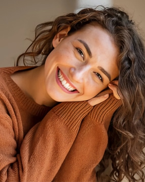 Young woman smiling warmly at camera, wearing brown sweater, neutral indoor background.