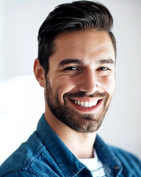 Smiling male dental professional in blue shirt against white background, headshot portrait.