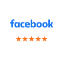 Facebook logo with five gold stars rating below it