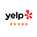 Yelp logo with five orange stars rating for Town Center Family Dental